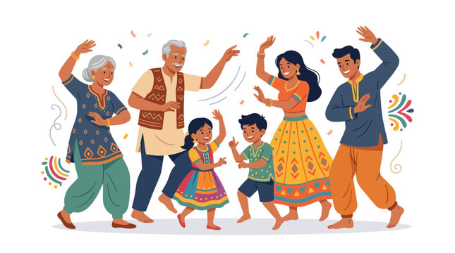 Happy Indian family dancing together in traditional attire during festival celebration