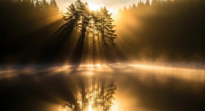 Golden sunbeams pierce through misty forest trees onto a calm lake