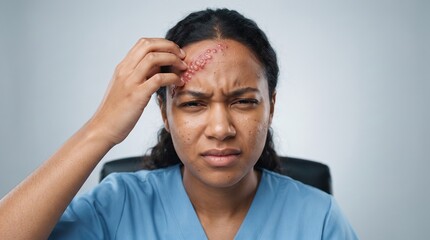 Fototapeta premium Portrait of a female nurse or medical worker looking distressed while touching a painful shingles rash on her forehead.
