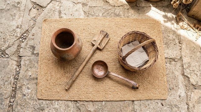 Rustic kitchen tools including clay pot wooden stirrer copper ladle and woven basket sitting on a textured woven jute mat