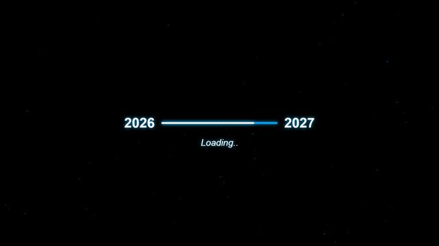Loading progress bar showing the transition from year 2026 to 2027 on a black background representing the arrival of the new year 4K Motion Video
