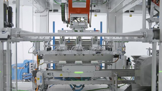 factory machinery operational sequence in industrial manufacturing environment with side view of conveyor belts and control panels showing metallic structures and plastic components.