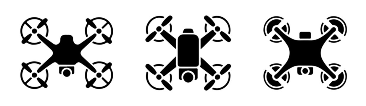 Quadrotor aerial drone black vector silhouettes collection for remote control surveillance and photography.
