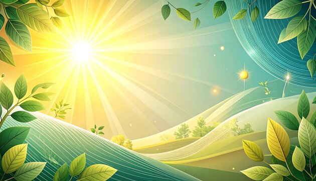 Bright sunburst over green hills with fresh leaves frame vector illustration background for spring and ecology design