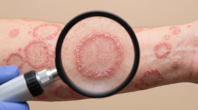 Dermatologist examining severe circular ringworm tinea corporis rash with magnifying glass