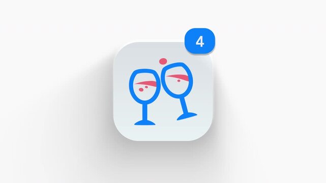 Interactive 3D wine glasses toasting icon with count badge, perfect for wedding toast alerts, party invitations, and bar drink menus. 