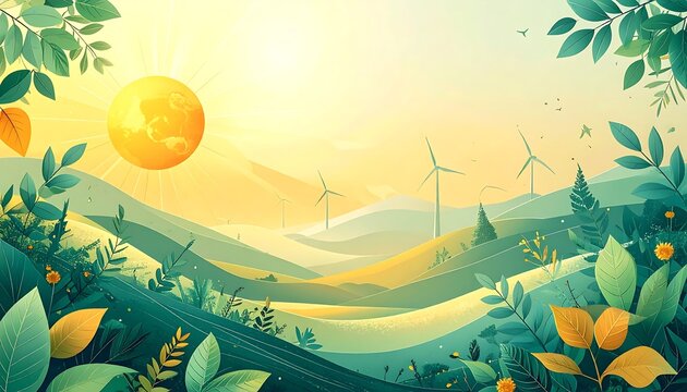 Green eco landscape vector illustration with wind turbines rolling hills and bright sun for renewable energy and environmental sustainability