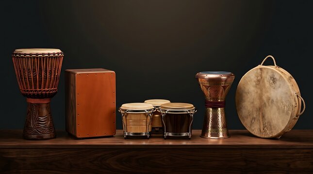 Collection of traditional percussion instruments including djembe, cajon, and frame drum.