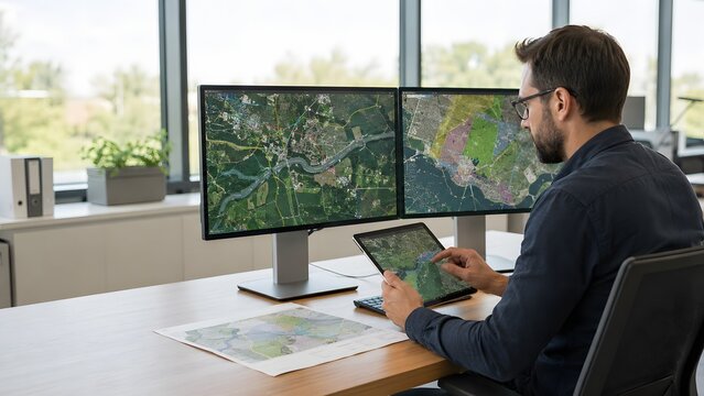 GIS Analyst Reviewing Digital Maps on Dual Monitors and Tablet in Modern Office, Geospatial Data Analysis, Satellite Mapping, Urban Planning, Environmental Monitoring and Location Intelligence Concept
