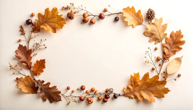 Autumn leaf frame with dry oak leaves berries and twigs on light background for thanksgiving greeting card