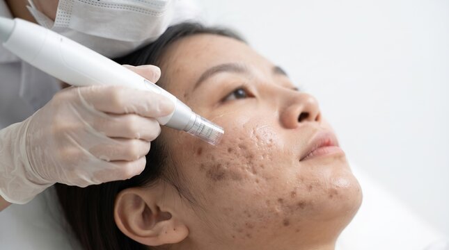 Dermatologist performing a microneedling treatment using a dermapen on a woman's face with severe acne scars and hyperpigmentation.