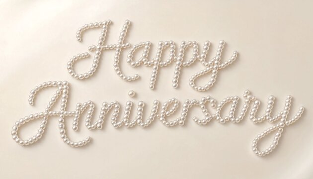 Happy anniversary text made of shiny white pearls on a soft beige background