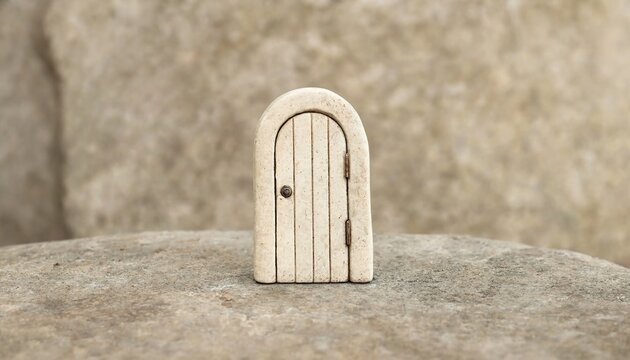 Small stone fairy door decoration sitting on a textured rock surface