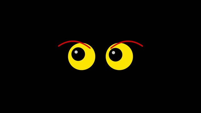 Bright yellow cartoon eyes with red eyebrows looking up in the dark 4K Motion Video