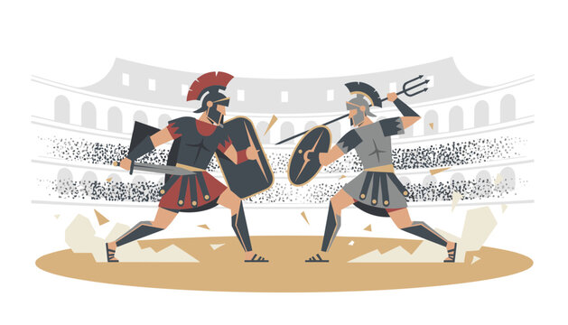 Thrilling scene of two Roman gladiators fighting with swords and tridents inside a crowded historical colosseum.