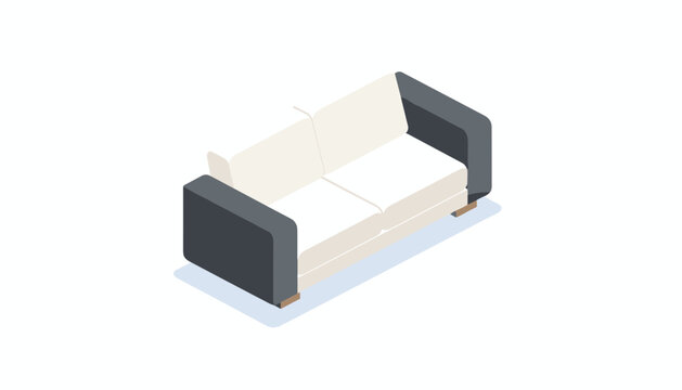 Isometric modern sofa with dark grey armrests and comfortable white cushions isolated on a soft background.