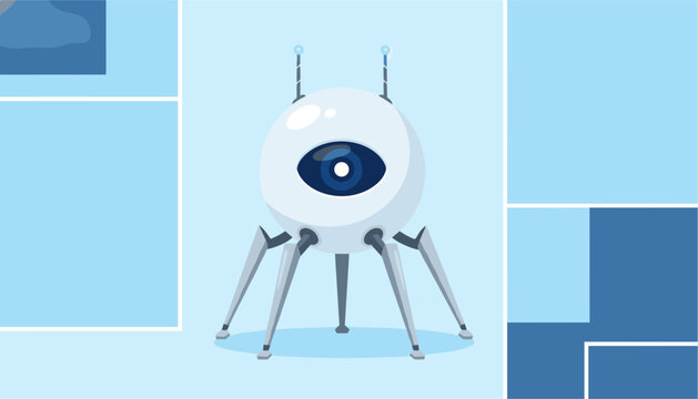 Spherical sci-fi robot with a single large blue eye and tripod legs standing on a modern light blue abstract background.