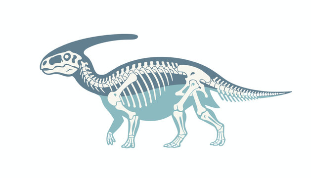 Anatomy illustration of a parasaurolophus dinosaur showing its skeletal structure and fossil bones over a blue body.