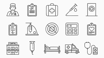 Fototapeta premium Medical and hospital icons set featuring doctor bed and ambulance, hospital