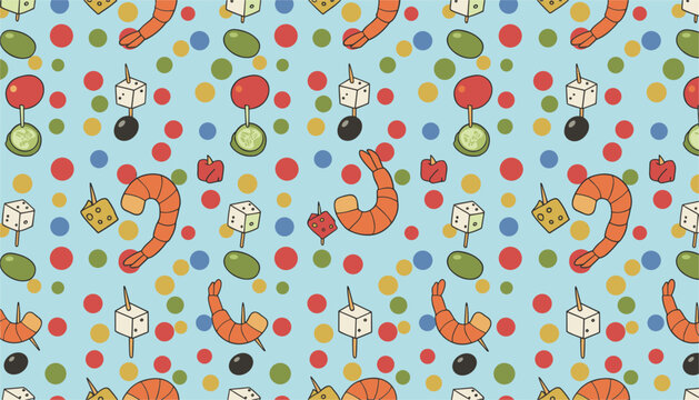 Seamless pattern of delicious appetizers including shrimp, cheese cubes on toothpicks, olives, and colorful polka dots on blue backdrop.