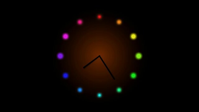 Minimalist clock face with glowing colorful dots representing hours on a dark background 4K Motion Video