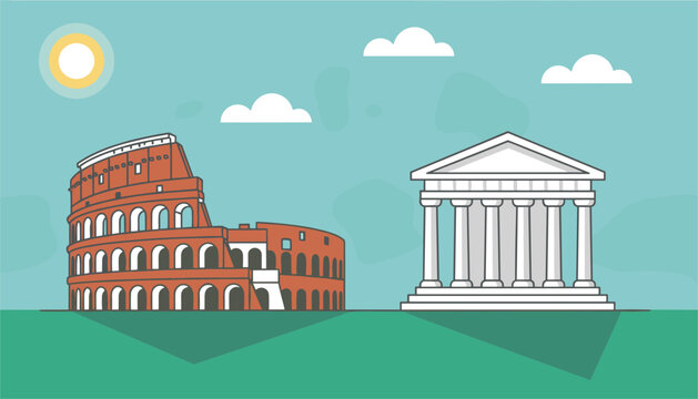 Iconic landmarks colosseum and ancient greek temple side by side showcasing historical European tourist destinations.