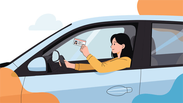 Cheerful young female driver showing her new official driver license proudly through the open car window during the day.