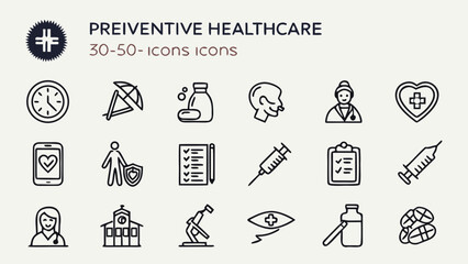 Fototapeta premium Preventive healthcare medical icons set outline line art vector illustration