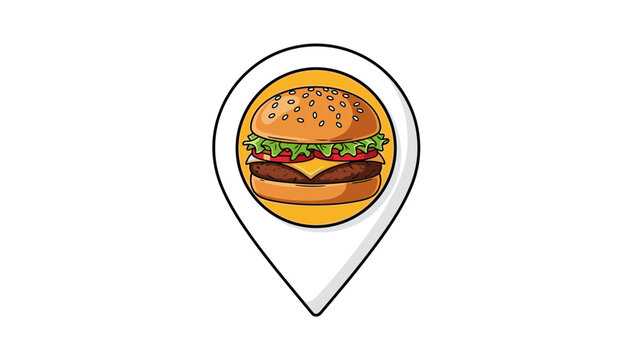 Map pointer pin icon with a delicious cheeseburger illustration in the center representing fast food location.