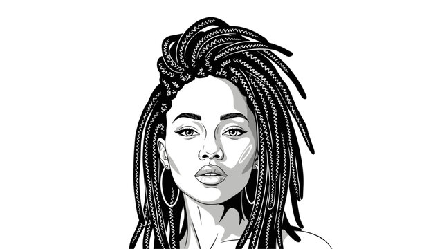 Monochrome vector portrait of a beautiful black woman with stylish braided dreadlocks hairstyles looking forward.