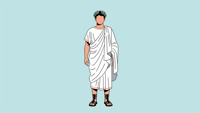 Ancient Roman citizen or military emperor standing in traditional white toga with a green laurel wreath on head.