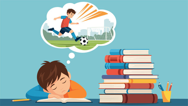 Tired schoolboy sleeping on a book at desk dreaming of playing soccer instead of doing homework or studying.