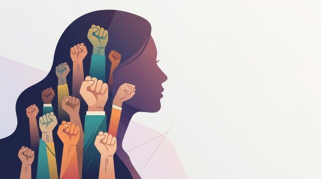 Symbolize Women equality, Empowerment, rights with Diverse group of women raising fists in unity silhouette