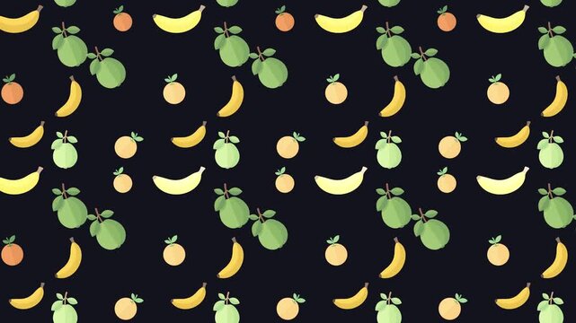 Seamless 4K motion graphics background featuring flat design fruit icons including yellow bananas, green limes, and oranges on a dark black backdrop. Minimalist vector illustration style.