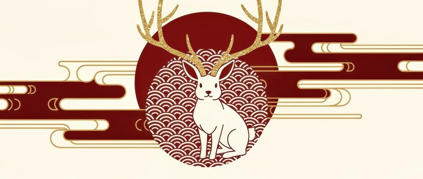 White jackalope with gold antlers against a red sun background. Traditional Japanese wave patterns and stylized clouds frame the mythical creature. Cultural Lunar New Year theme for marketing.