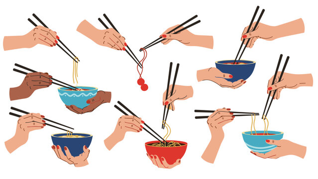 Set of multiple diverse hands showing how to hold chopsticks correctly and eating noodles from colorful ceramic bowls.