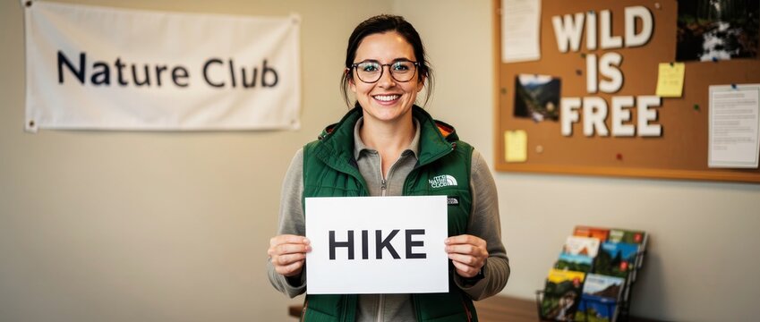 Smiling woman holding HIKE sign in a nature club. Ranger promoting outdoor exploration and trail activities. Environmental education concept for tourism and conservation marketing campaigns.