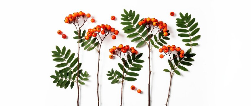 Rowan berries and green leaves arranged on a white background. Fresh mountain ash branches with ripe orange fruit in a flat lay composition. Autumn nature concept for seasonal design marketing.