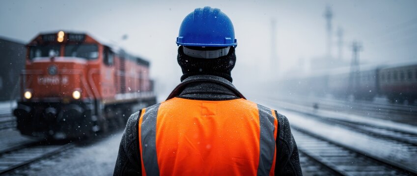 Railway worker in safety gear watches a locomotive on snowy tracks. Employee in hard hat manages operations during winter. Logistics and infrastructure concept for industrial maintenance ads.