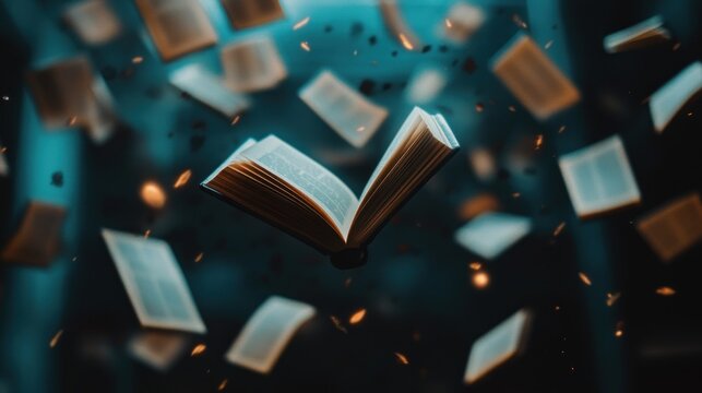 Open book levitating with floating pages