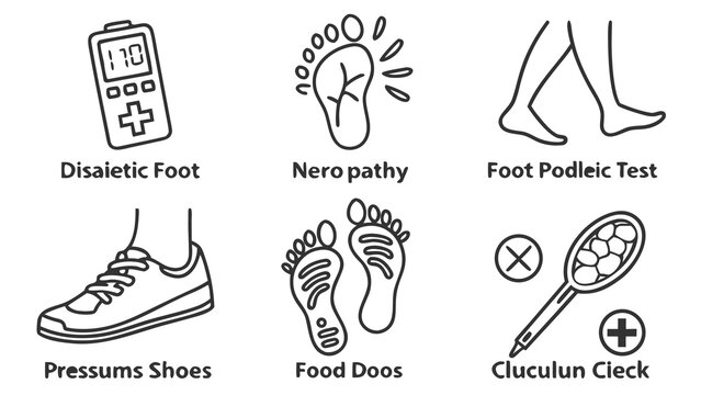 Diabetic foot neuropathy testing and examination icons set with diabetic