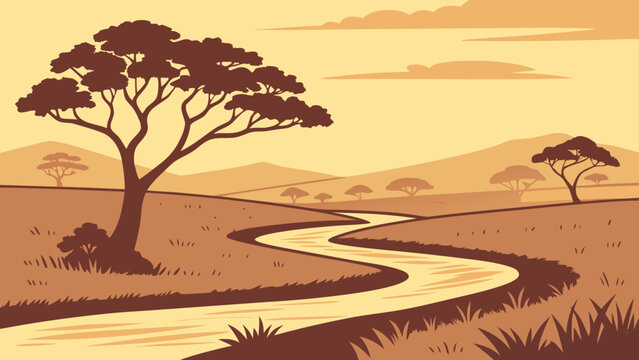 African savanna landscape vector illustration with winding river and acacia