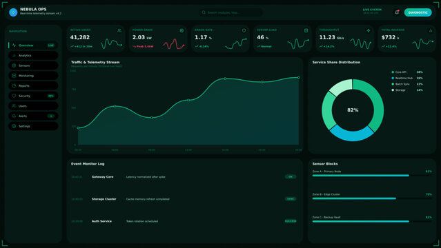 Futuristic dark mode dashboard UI, data visualization interface with charts and graphs, neon green analytics web template