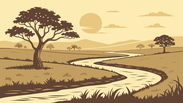 African savanna landscape vector illustration with sunset and winding river