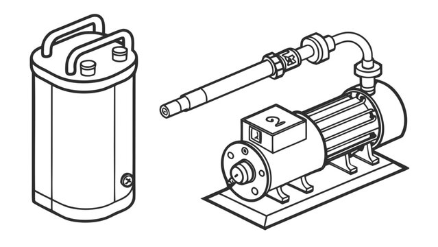 Industrial water pump and pressure tank technical illustration outline