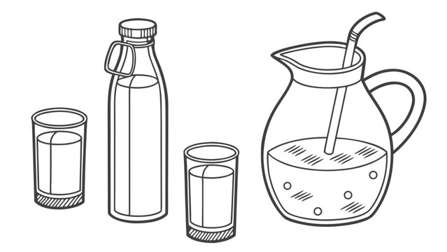 Refreshing beverage pitcher bottle and glasses line art set with beverage