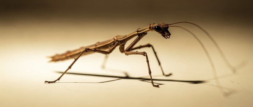 Stick insect crawling on a neutral surface. Macro detail of the brown phasmid showing long legs and antennae. Nature and entomology concept for science and wildlife education.