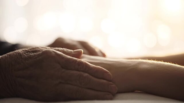 Elderly person gently holding hands with young person with captures close perspective resting tenderly younger background warm lighting soft blurred background