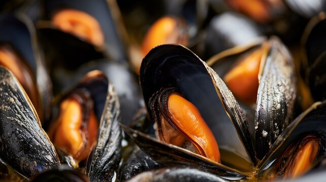Close-up of raw mussels in a stylized composition, seafood delicacy