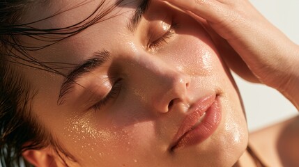 Naklejka premium Freshly washed face illuminated by soft bright summer sunlight